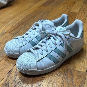 Adidas Superstar White with Teal Stripes